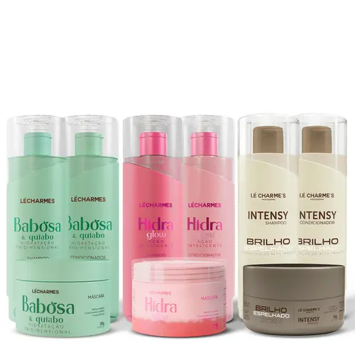 Kit Babosa e Quiabo + Kit Hidra Glow + Kit Brilho Espelhado